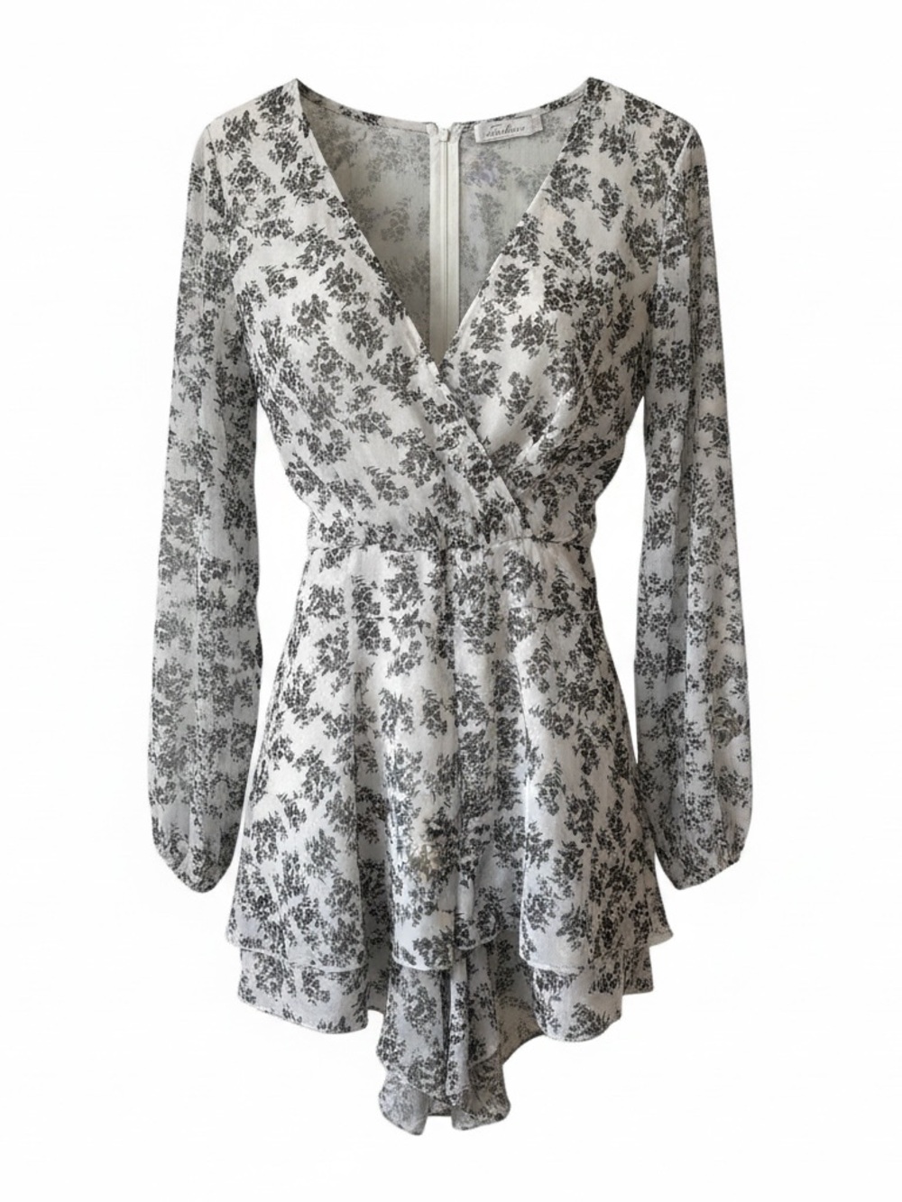 Floral Zip Up V-Neck Long Sleeve Romper - Gray/White